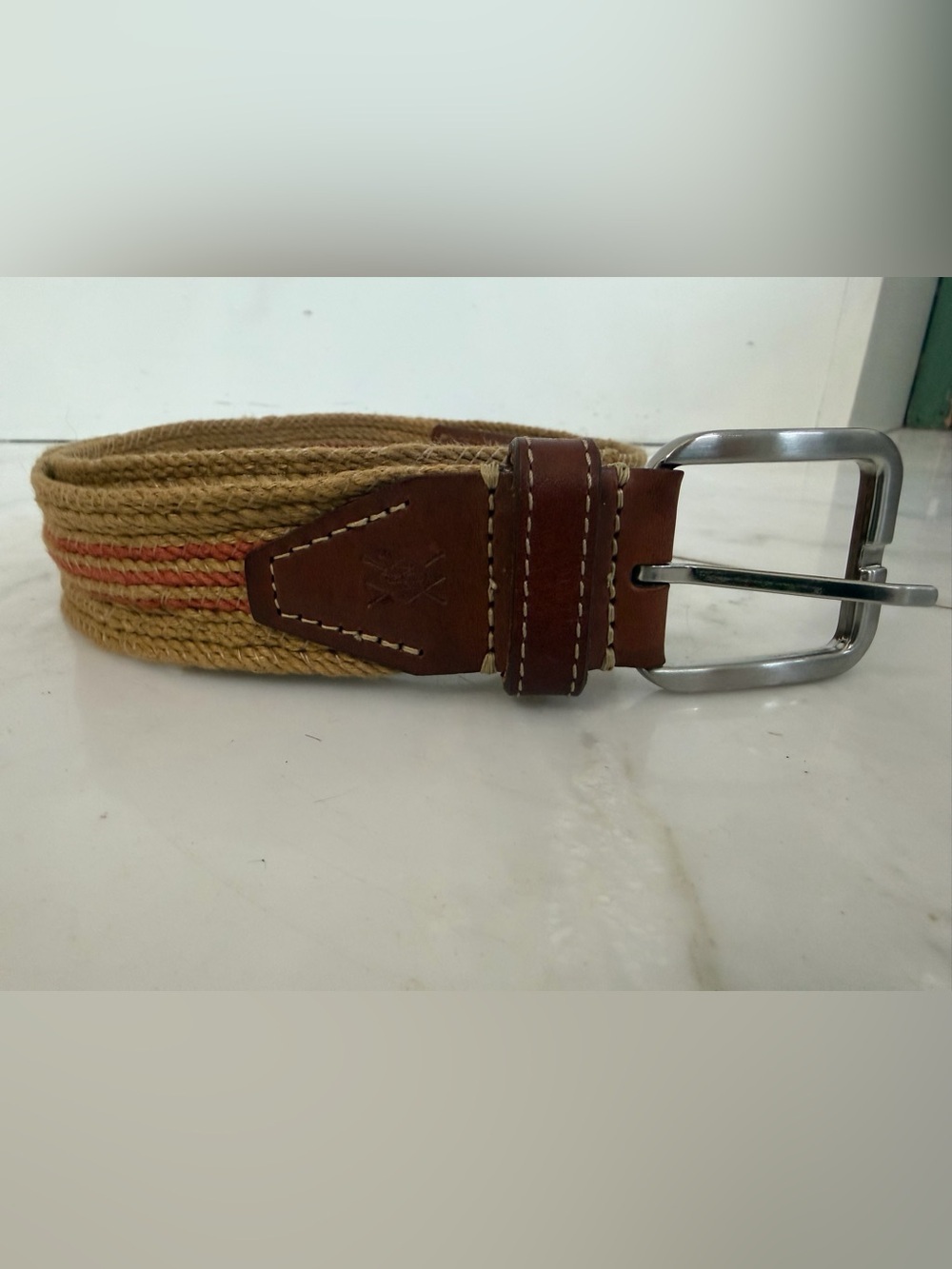 Martin Dingman Stripes Woven Natural Fiber and Leather 39” men’s belt
